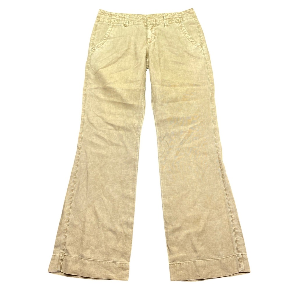Lucky Brand 100% Linen Tan Khaki Wide Leg Pants Sz 2/26 Reg Inseam Preppy Retro